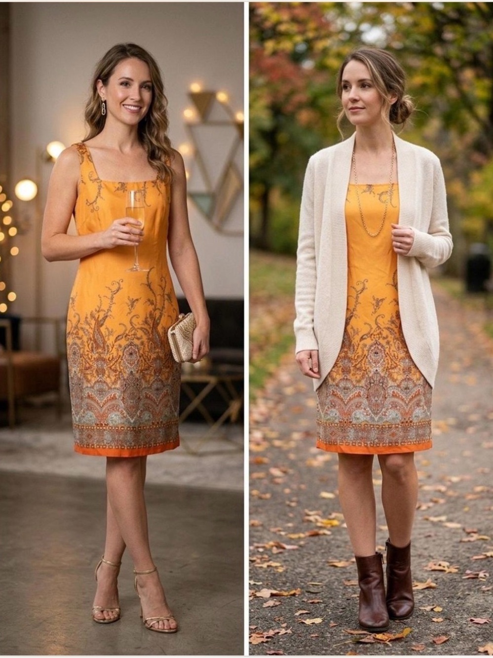 Vintage Anne Klein Orange Paisley-Print Silk Sheath Dress Size 4P